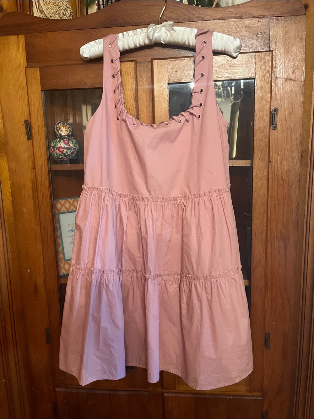 Aureum Pink Tiered Babydoll Mini Dress Lace Up Grommet Size M NWT